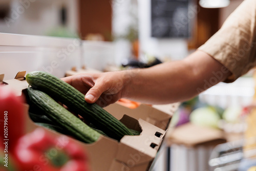 Foto Trader fills up crates on zero waste shop shelves with homegrown decomposable vegetables from his greenhouse