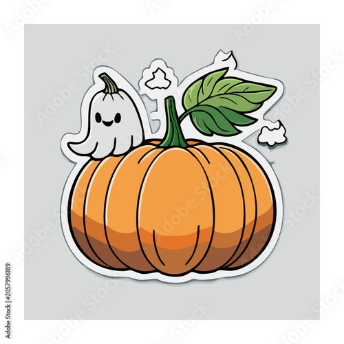 Cartoon Pumpkin with Ghost and Leaf