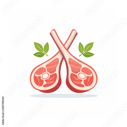 Flat Design Illustration of Lamb Chops with Leaves