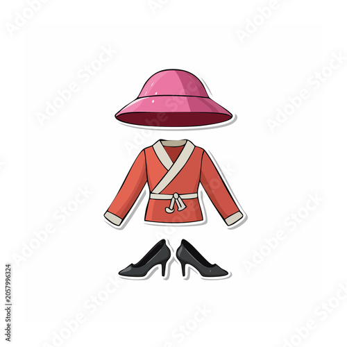 Flat design illustration of women's outfit with hat and shoes