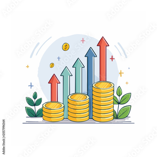 Growing Money Stacks with Upward Arrows Illustration