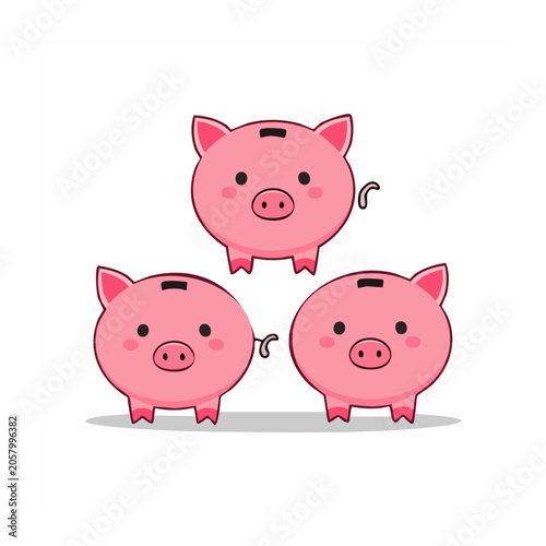 Three cartoon pink piggy banks in flat design