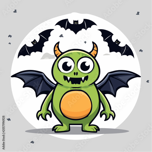 Cute Green Monster with Bat Wings and Bats