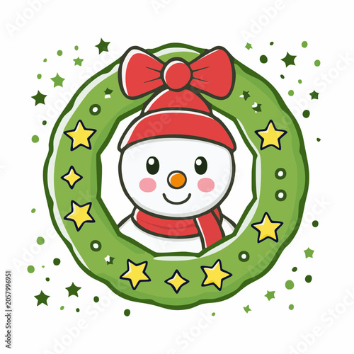 Cute Snowman in Christmas Wreath
