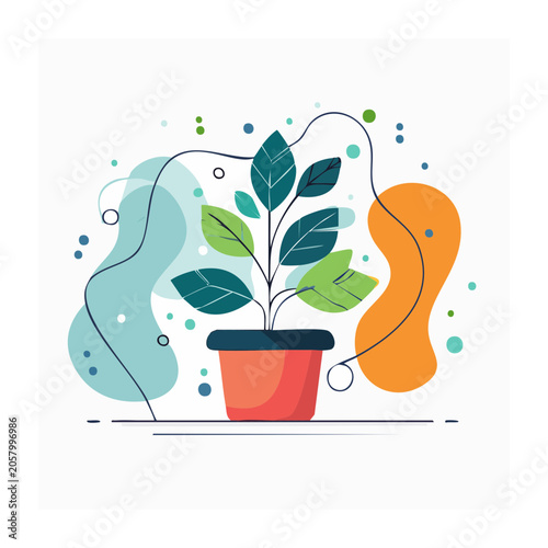 Flat design plant with pot and watering can