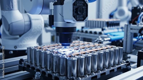 Robotic Arm With Vision Camera Inspecting Weld Points On Battery Cell Assembly In Modern Industrial Environment