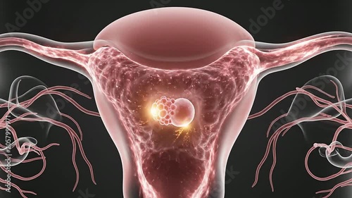 Visual Representation of Early Pregnancy Implantation in a Transparent Uterus Showcasing Cellular Activity and Biological Processes in 4K