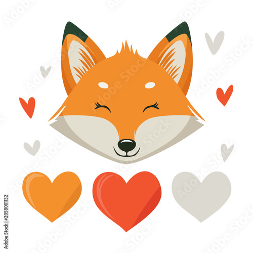 Cute Fox Face with Hearts Illustration