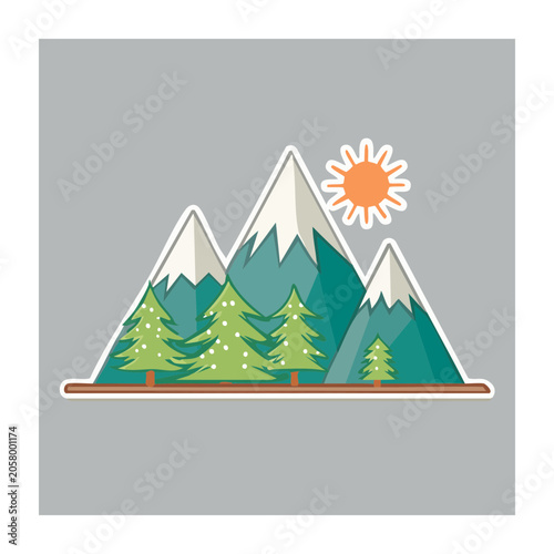 Flat design mountain landscape with pine trees and sun