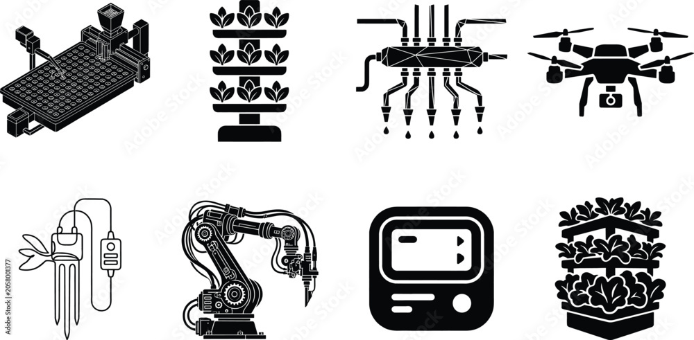Fototapeta premium Smart Farming and Agricultural Automation Silhouette Collection Featuring Drones, Sensors, Robotics, and Vertical Farming Systems