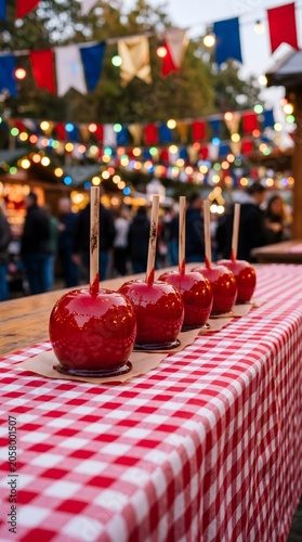 Red candied apples on sticks at outdoor festival market stall with festival carnival seasonal celebration confectionery decoration