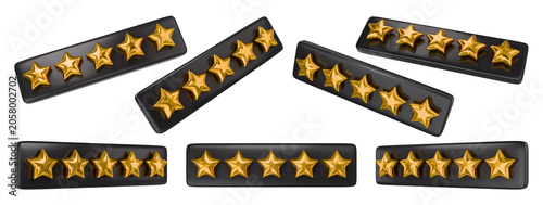 3D Rendered set of Five Gold Rating Stars on a black panel.