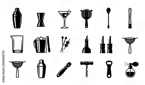 Bild auf Leinwand Cocktail and bartender tool vector icon set with mixology equipment