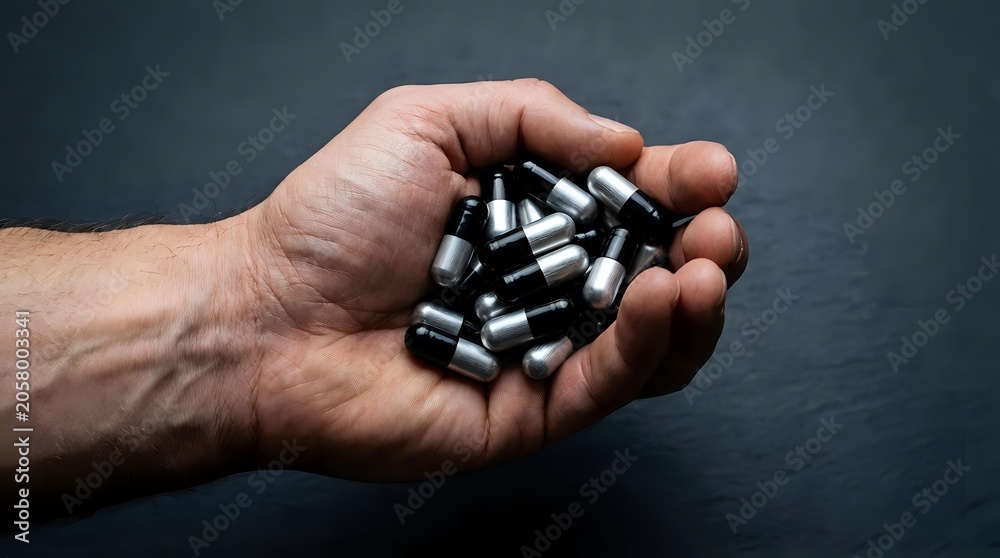 Fototapeta premium Male hand holding ammunition bullets in palm against dark background, suitable for security, crime, military, and editorial content.