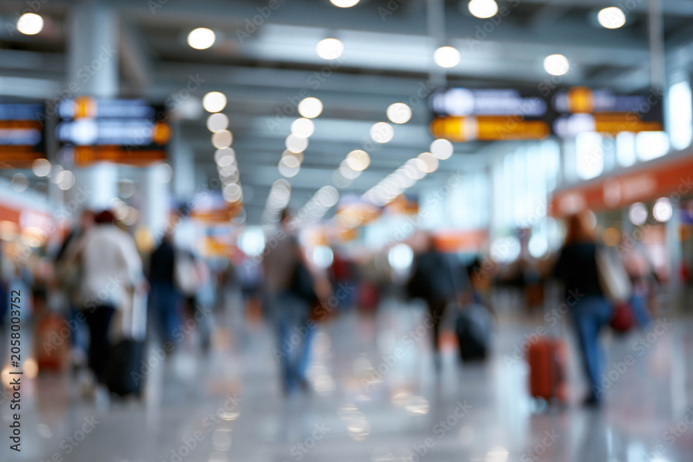 Obraz premium Blurred image of busy airport terminal with travelers carrying luggage, illuminated signs displaying flight information and modern architecture in the background