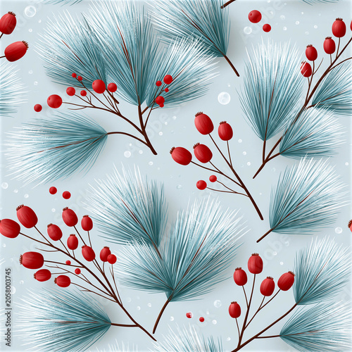 Pattern design featuring blue pine branches and red berries on a light gray background, ideal for seasonal textiles and decorative applications
