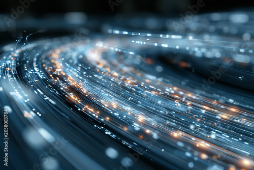 Abstract digital background featuring flowing lines of light with blue and orange glowing particles creating a dynamic and futuristic visual effect