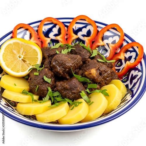 Colorful sliced carrots, beef strips, and green herbs arranged on a blue plate colorful vegetables
