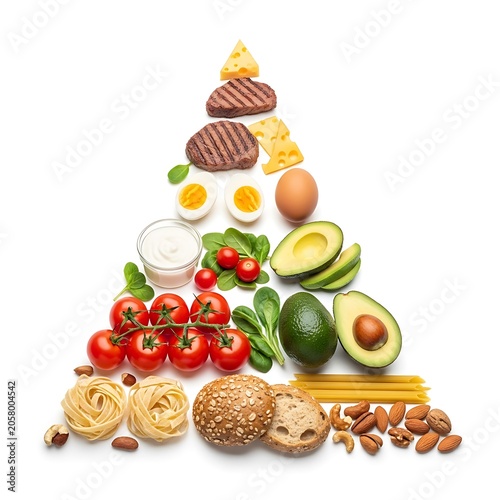 Colorful stack of healthy foods including nuts, seeds, fruits, and grains in wooden bowls
