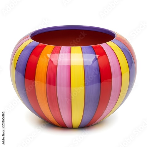 Colorful striped donut with pink, yellow, blue, and orange frosting on white background