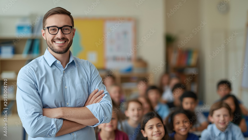 Fototapeta premium Friendly male teacher wearing glasses smiling in a classroom with blurred elementary students sitting at desks