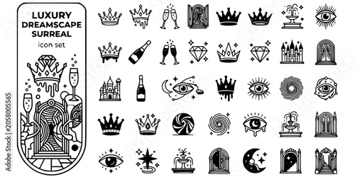 Fotografi Luxury Dreamscape Surreal Black White-Melting Crown Champagne Bubble Portal-Opul