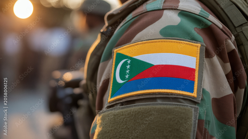 Obraz premium Proud Comoros soldier with flag patch on camouflage uniform representing national pride and military service for defense and security