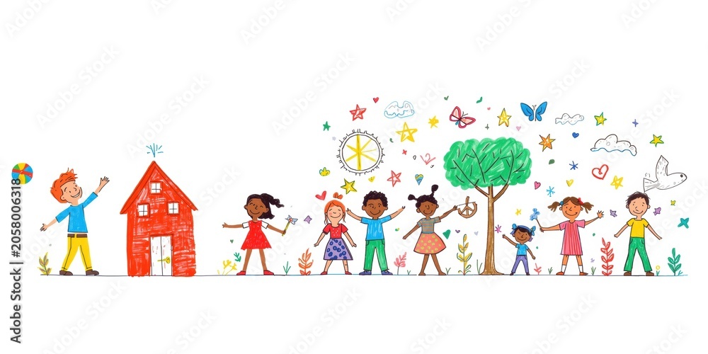 Fototapeta premium Hand drawn colorful of diverse children playing near a red house and tree with stars and butterflies