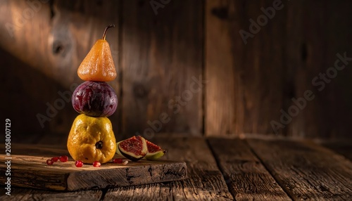 Stacked Ripe Autumn Fruits Including Pear, Plum, Quince and Fig Slices on Rustic Wooden Surface