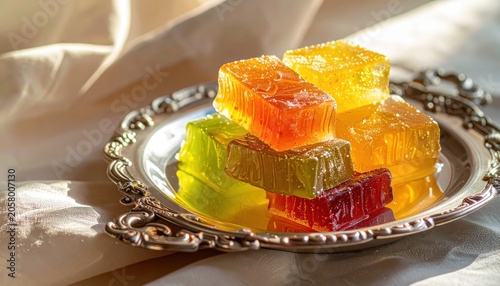 Stacked Jewel-Like Fruit Jelly Candies in Vibrant Translucent Colors on an Ornate Silver Plate