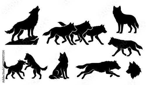 Schilderij op canvas Wolf silhouette vector collection with howling and running wild wolves