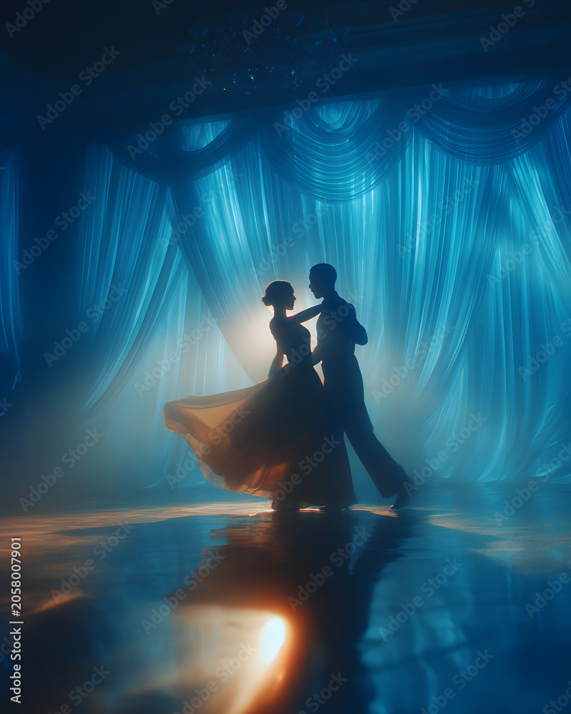 Fototapeta premium silhouette of a couple dancing in a ballroom, blue and bright curtains in the background wedding party opening dance, prom night banner