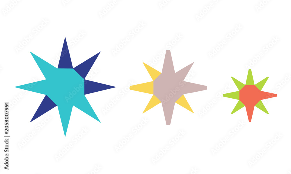 Obraz premium Three varied six-pointed sparkle icons in a minimalist flat design, isolated on a white background. Simple graphic element concept