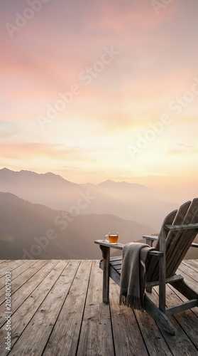 Wooden deck with Adirondack chair draped in blanket overlooking misty mountain landscape at sunrise, beverage on side table for relaxation and wellness content.