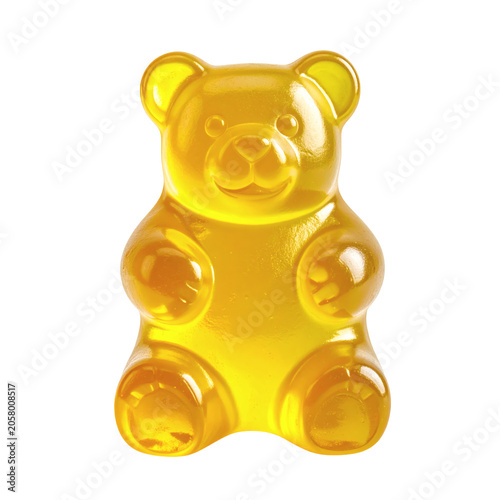 Vibrant translucent golden yellow gummy bear candy sculpted into a cheerful bear shape  