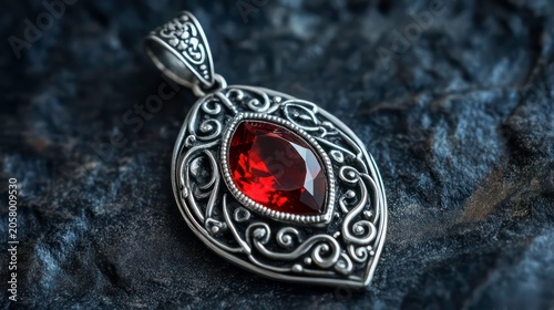 A vintage silver pendant with intricate designs and a striking red gemstone centerpiece, resting on a dark, textured surface.