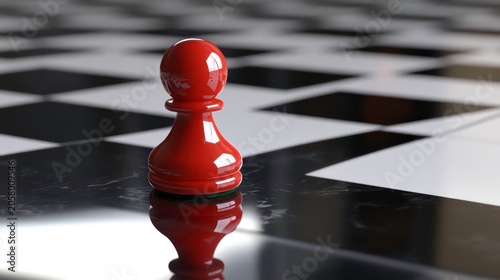 A single red pawn chess piece stands alone on a shiny black and white board, symbolizing leadership, individuality, strategy, and the challenge of standing out.