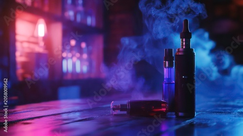 A vape with a bottle of liquid next to it