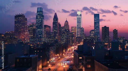 A vibrant city skyline at dusk, featuring illuminated skyscrapers and a rising stock market graph overlay