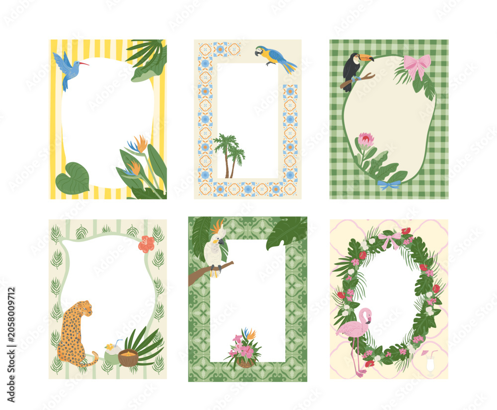 Fototapeta premium Tropical Frame Set With Jungle Animals Cartoon