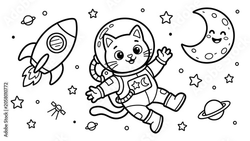 Cute cartoon cat astronaut floating in open space with rocket spaceship moon stars coloring book page