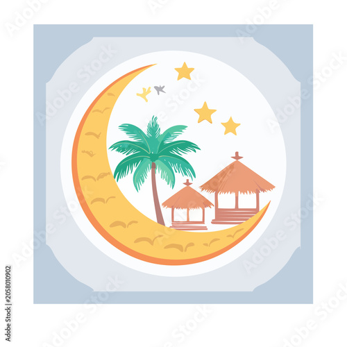 Tropical island illustration with palm tree and huts