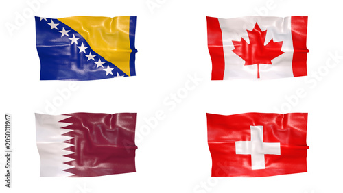 FIFA World Cup 2026 Group B Flags Set, 3D Waving Fabric Texture Illustration of Bosnia and Herzegovina, Canada, Qatar and Switzerland National Flags