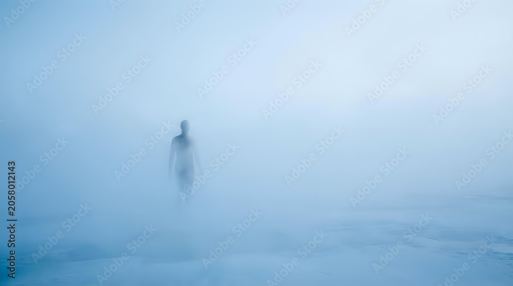 Obraz premium Solitary figure standing in dense fog on snowy landscape, creating atmospheric and eerie mood suitable for conceptual, editorial, and psychological themes.