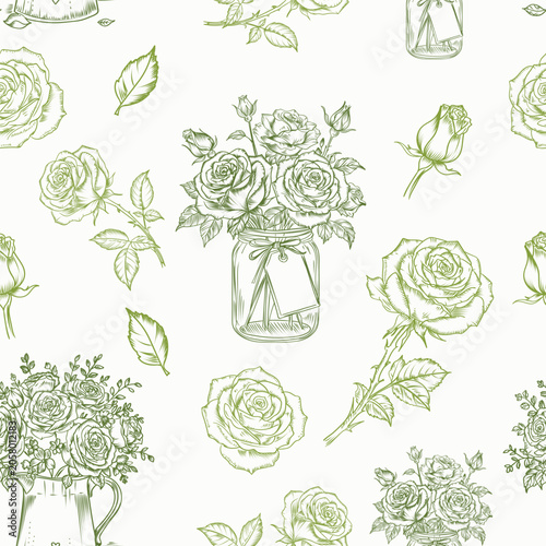 Fashion vector vintage style pattern with hand drawn roses in green