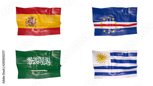 FIFA World Cup 2026 Group H Flags Set, 3D Waving Fabric Texture Illustration of Spain, Cape Verde, Saudi Arabia and Uruguay National Flag