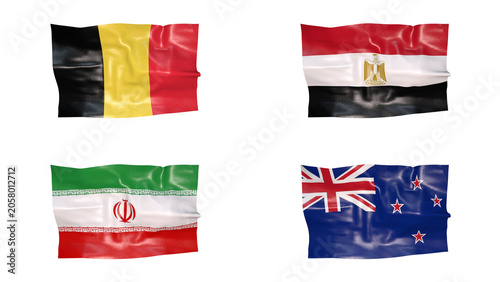 FIFA World Cup 2026 Group G Flags Set, 3D Waving Fabric Texture Illustration of Belgium, Egypt, Iran and New Zealand National Flags