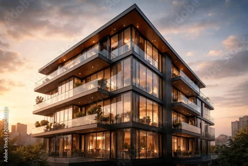 Fototapeta na wymiar Modern glass building at sunset.