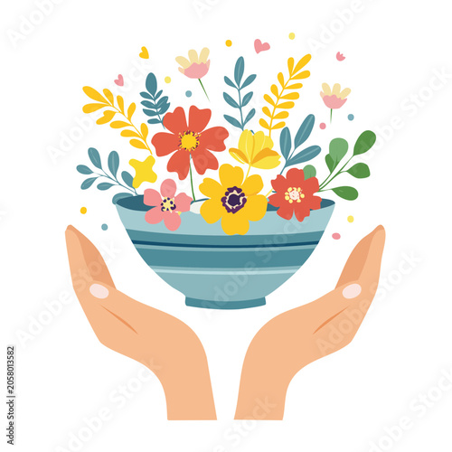 Hands holding a bowl of colorful flowers illustration