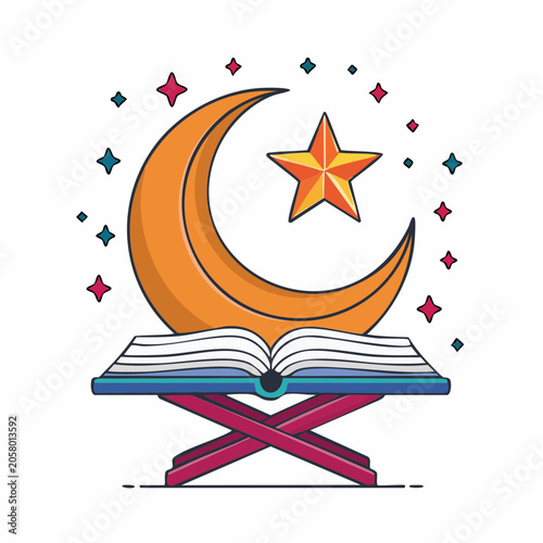 Islamic Crescent Moon, Star, and Open Book Illustration